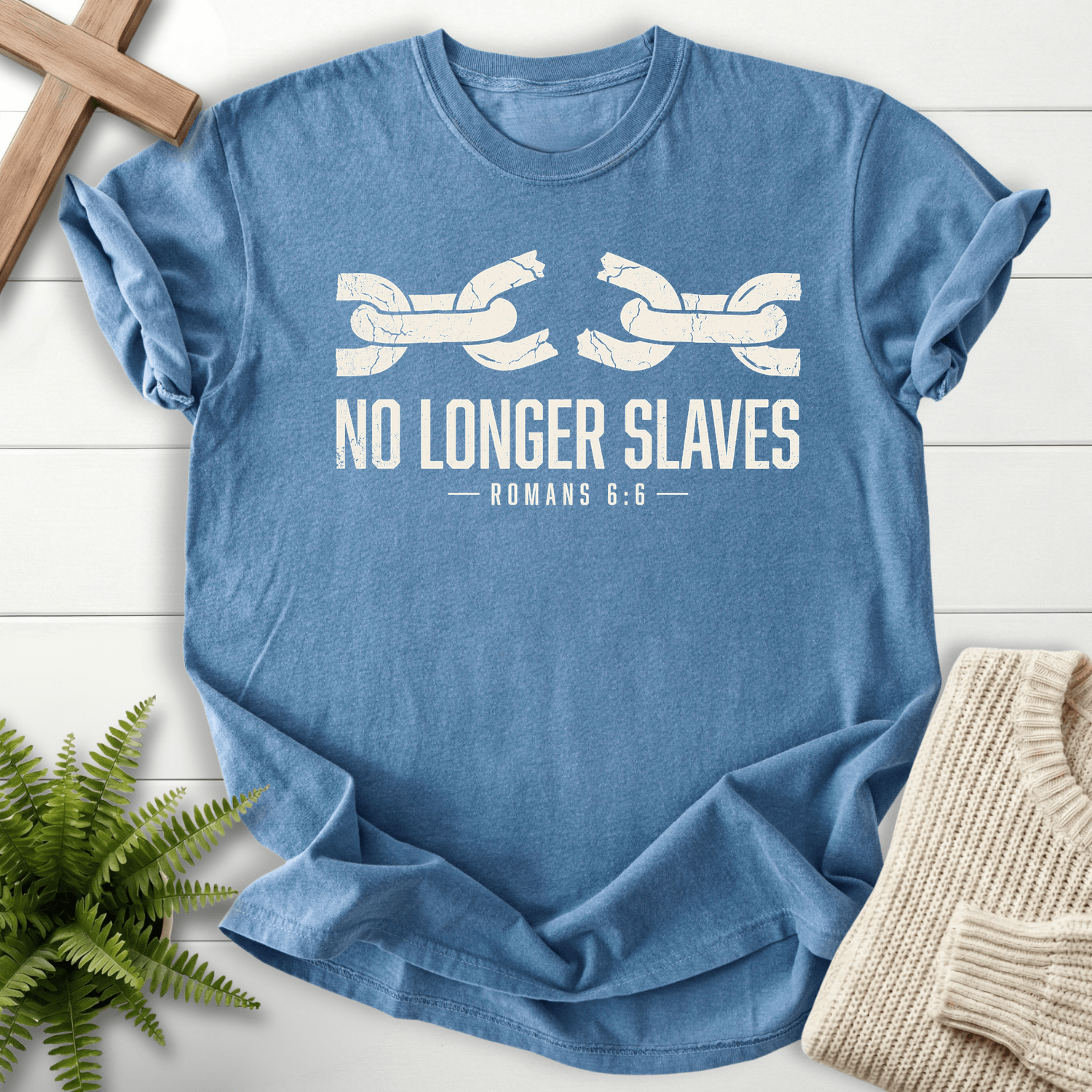 No Longer Slaves Romans 6:6 T-Shirt in Blue Jean | She Wears Faith