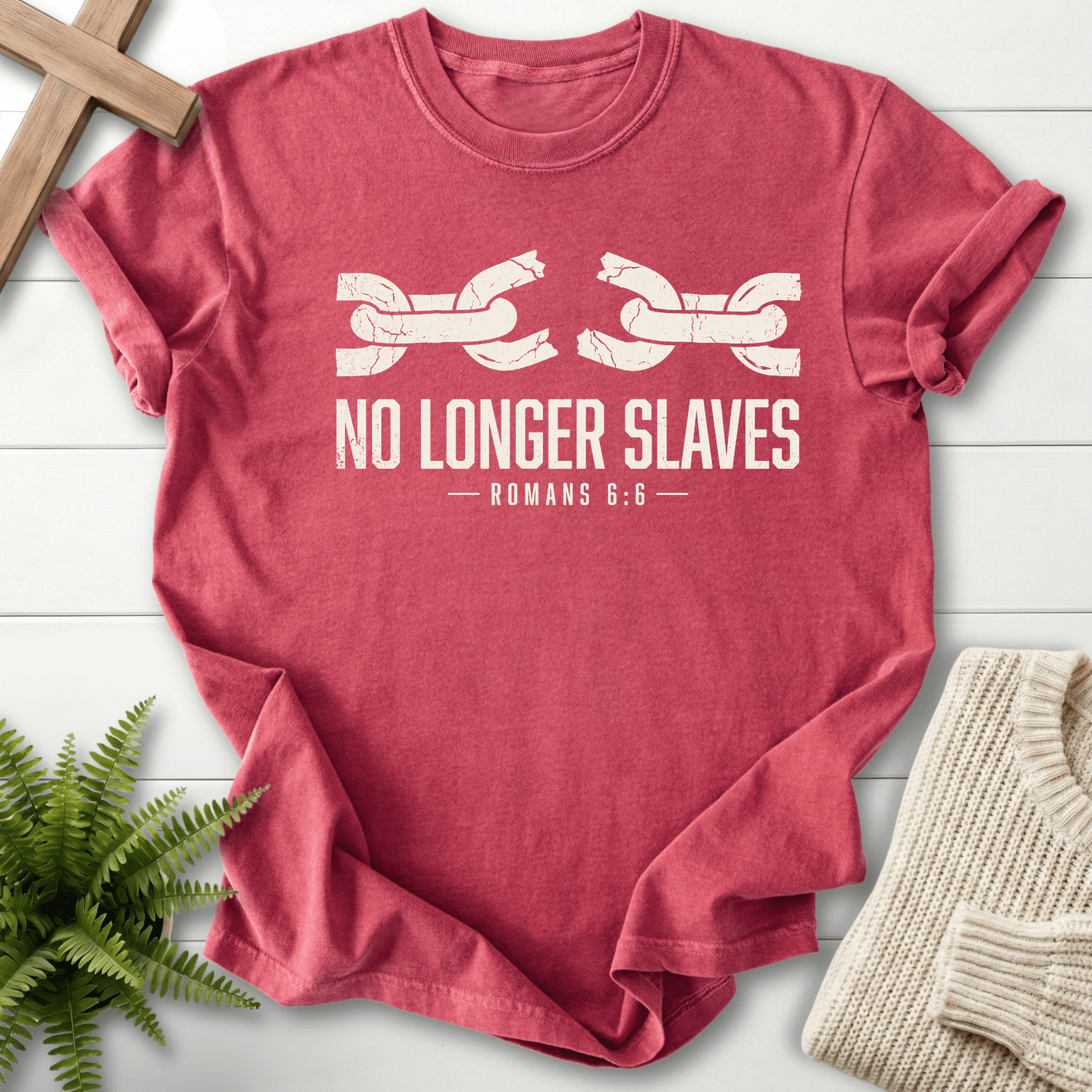 No Longer Slaves Romans 6:6 T-Shirt in Crimson | She Wears Faith