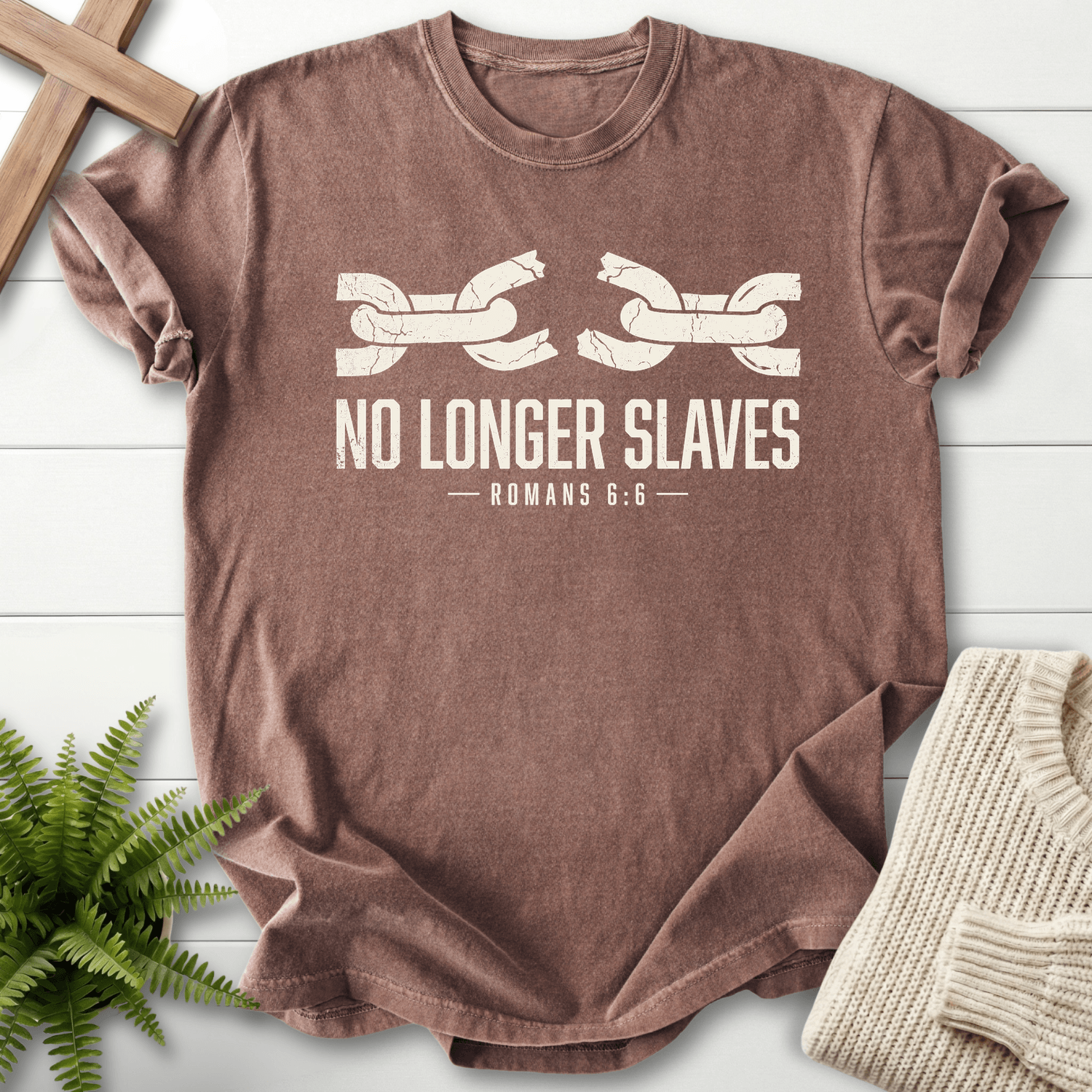 No Longer Slaves Romans 6:6 T-Shirt in Espresso | She Wears Faith