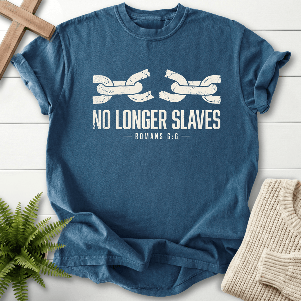 No Longer Slaves Romans 6:6 T-Shirt in Midnight | She Wears Faith