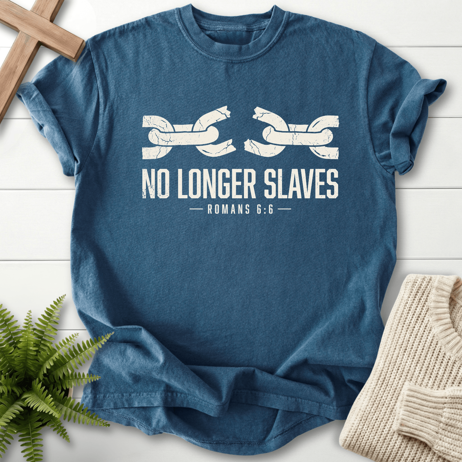 No Longer Slaves Romans 6:6 T-Shirt in Midnight | She Wears Faith