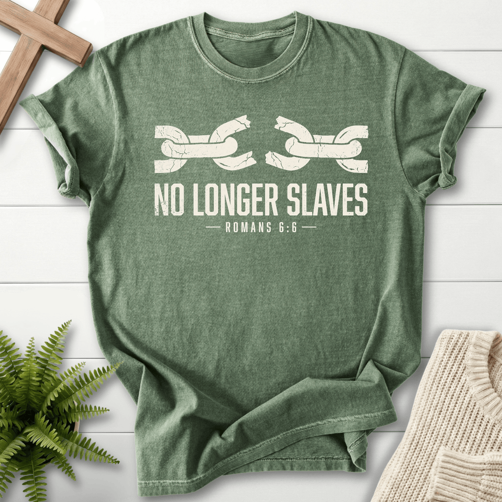 No Longer Slaves Romans 6:6 T-Shirt in Moss | She Wears Faith