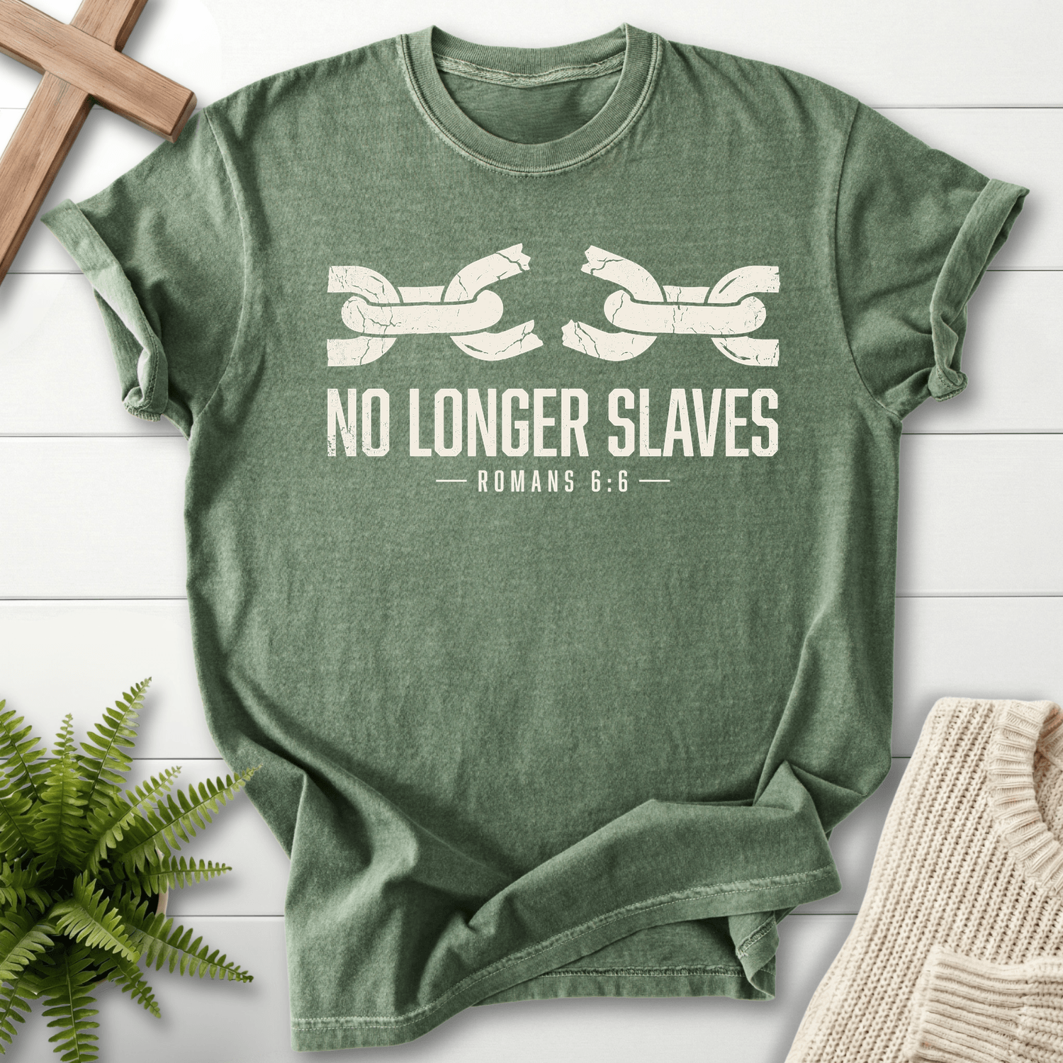 No Longer Slaves Romans 6:6 T-Shirt in Moss | She Wears Faith