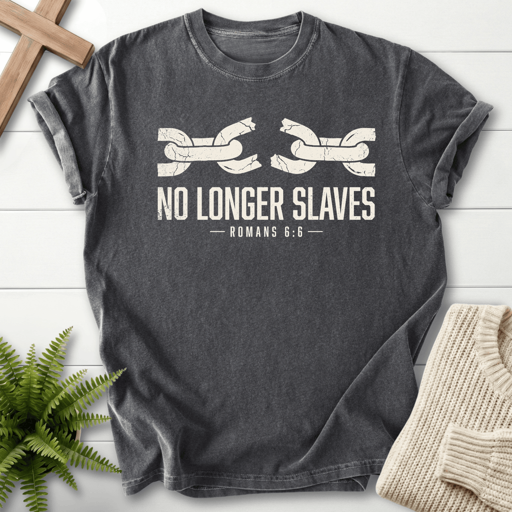 No Longer Slaves Romans 6:6 T-Shirt in Pepper | She Wears Faith