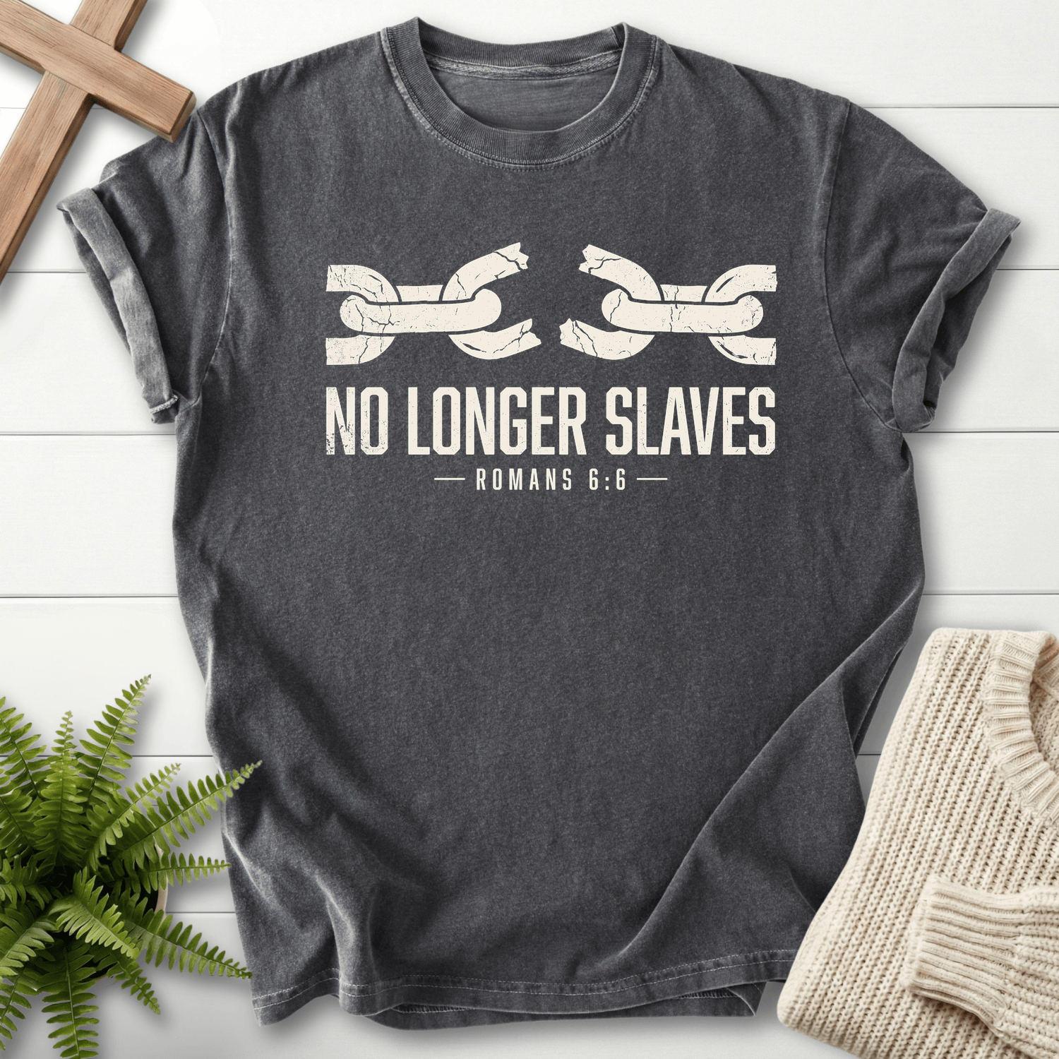 No Longer Slaves Romans 6:6 T-Shirt in Pepper | She Wears Faith