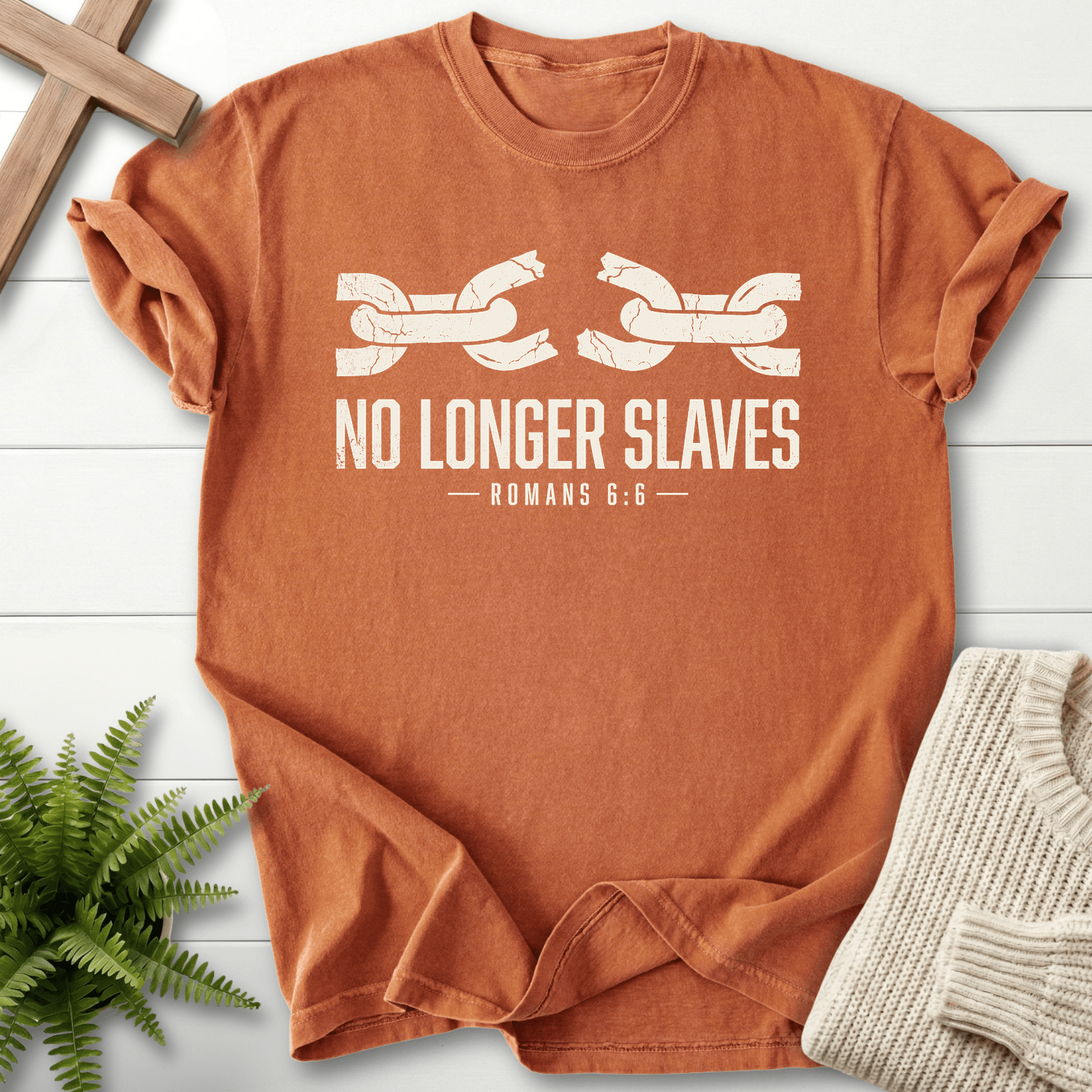 No Longer Slaves Romans 6:6 T-Shirt in Yam | She Wears Faith