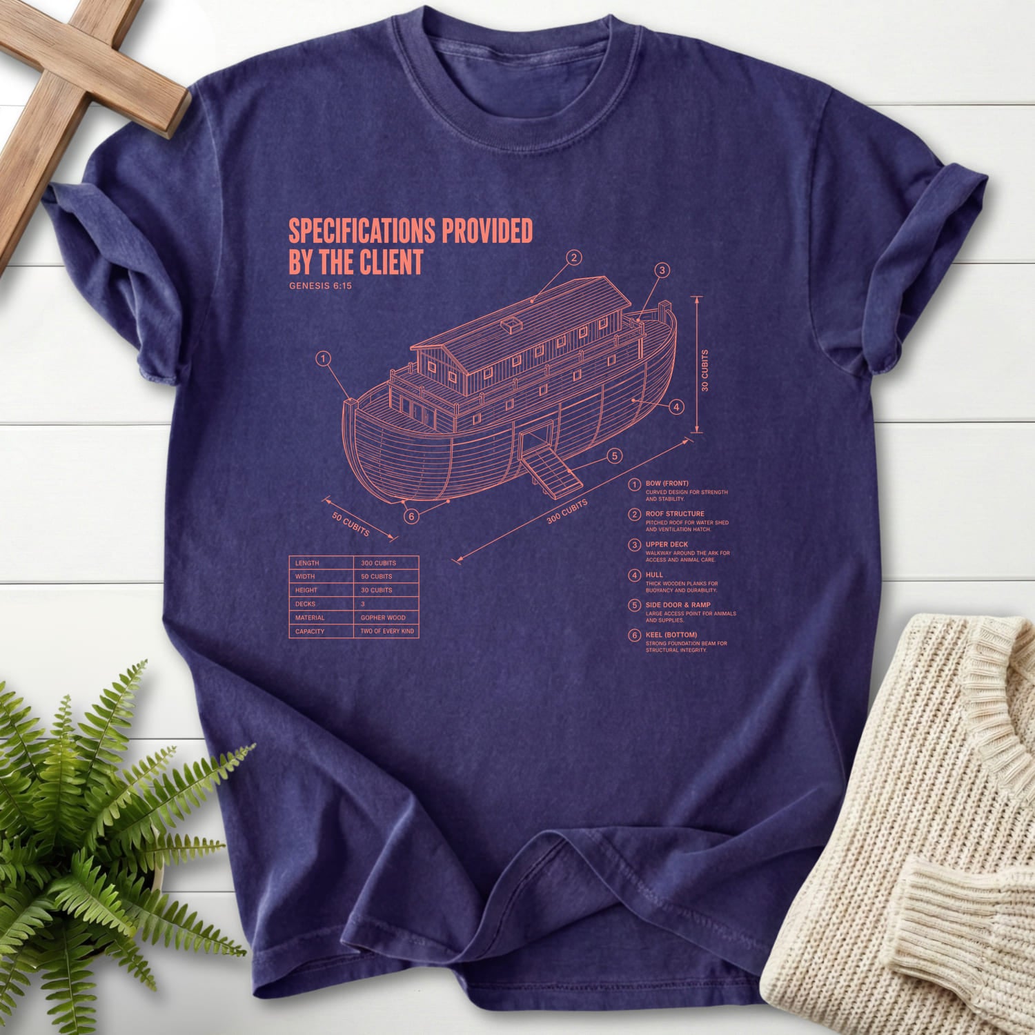Flatlay of a Grape Comfort Colors 1717 Christian graphic tee with "Noahs Ark Blueprint Genesis 6:15 T-Shirt" Blueprint Genesis 6:15.