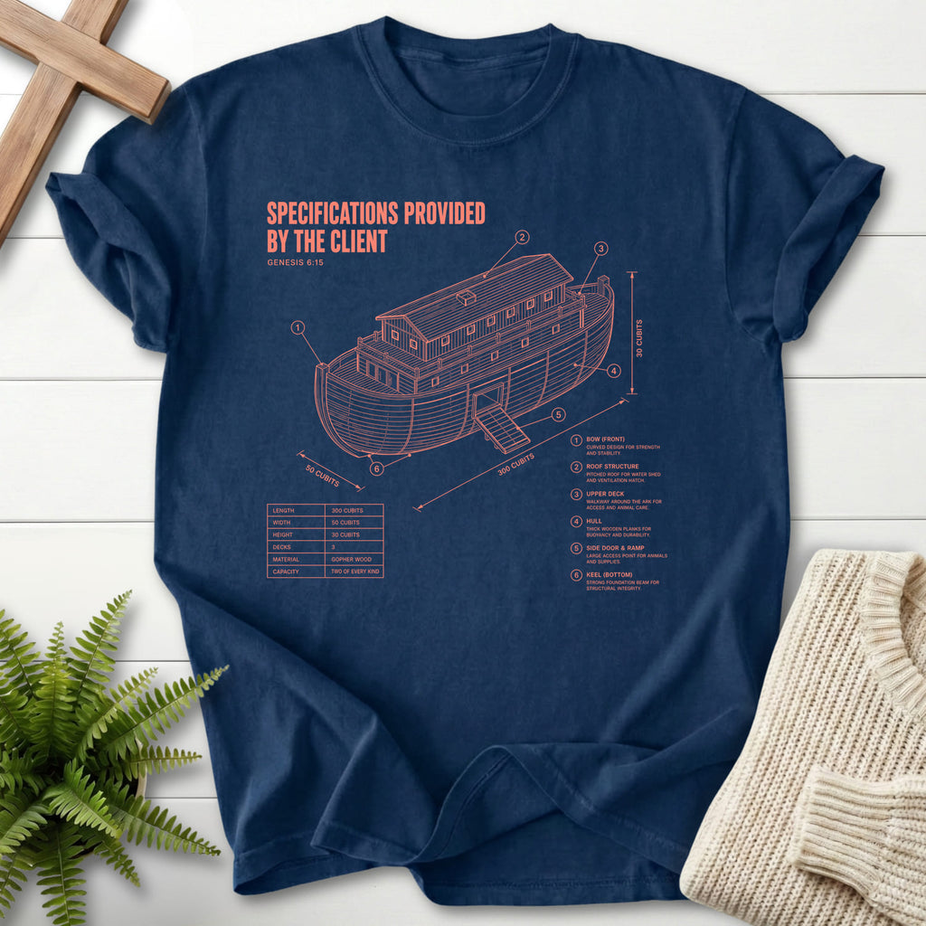 Flat lay of a Navy faith-inspired shirt featuring "Noahs Ark Blueprint Genesis 6:15 T-Shirt" Blueprint Genesis 6:15.