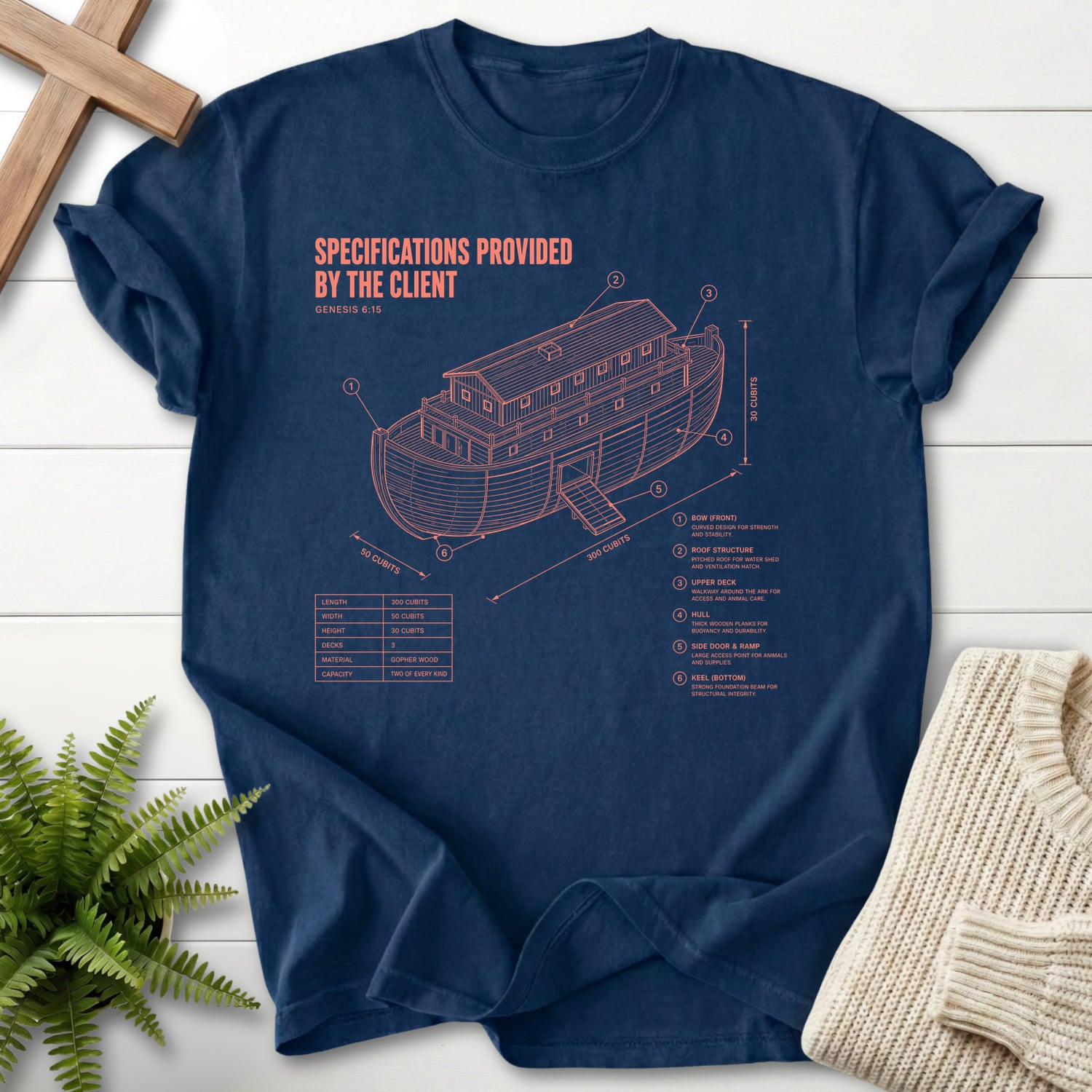 Flat lay of a Navy faith-inspired shirt featuring "Noahs Ark Blueprint Genesis 6:15 T-Shirt" Blueprint Genesis 6:15.