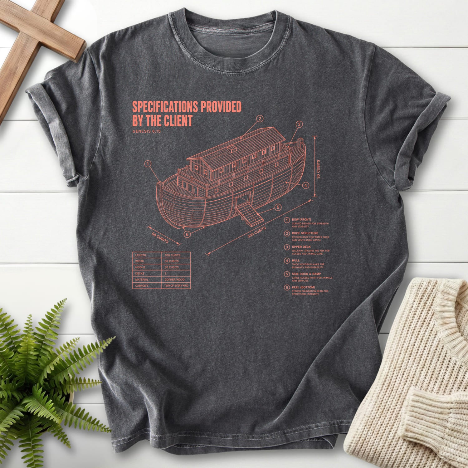 Flatlay of a Pepper Christian shirt with "Noahs Ark Blueprint Genesis 6:15 T-Shirt" Blueprint Genesis 6:15.