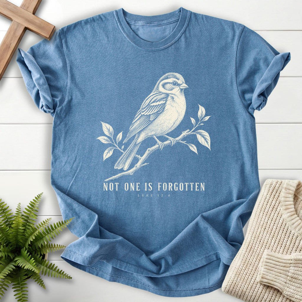 Flatlay of a Blue Jean Christian t-shirt for women with "Not One Is Forgotten Luke 12:6 T-Shirt" design.