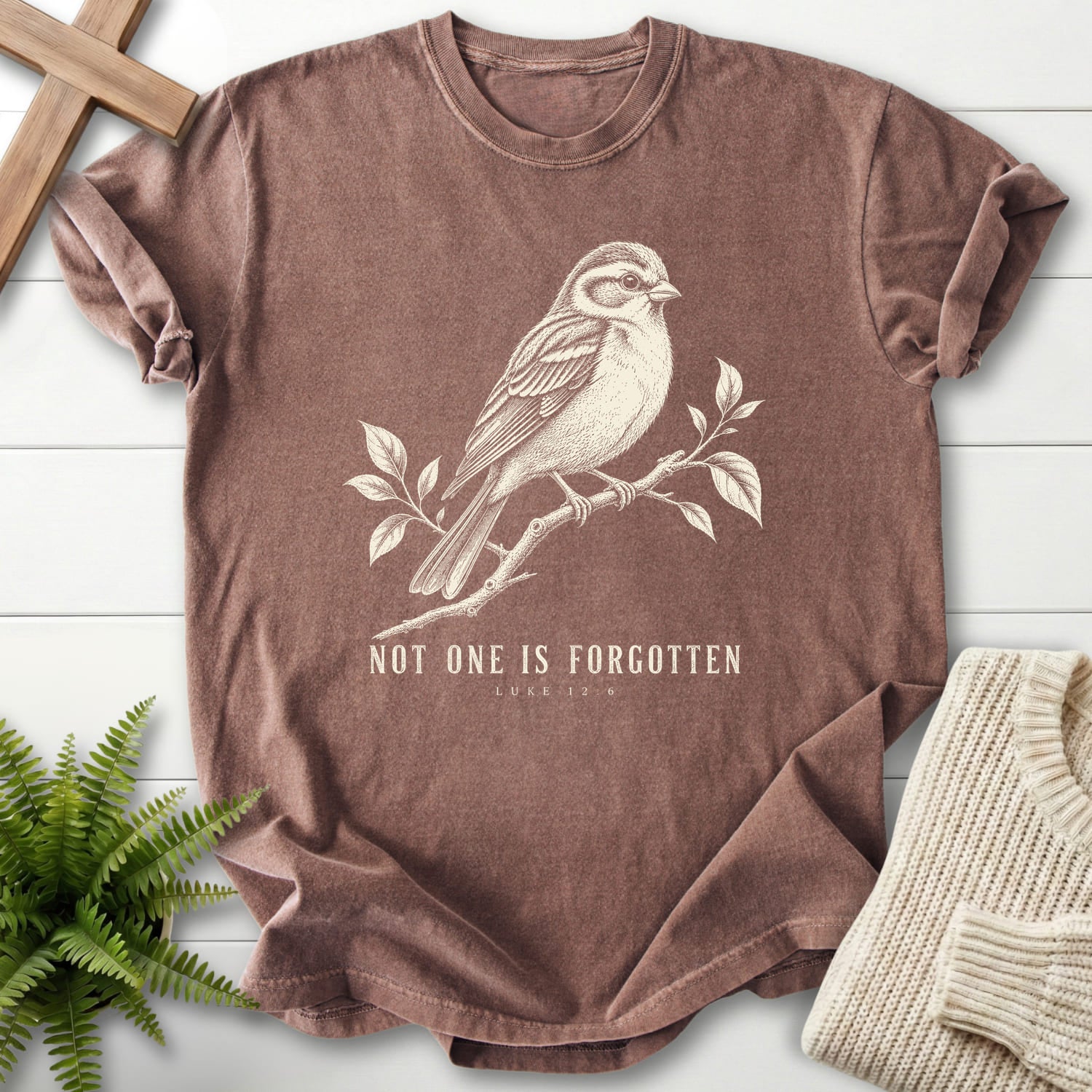 Espresso color option for the Not One Is Forgotten Luke 12:6 faith-based tee with "Not One Is Forgotten Luke 12:6 T-Shirt" design.