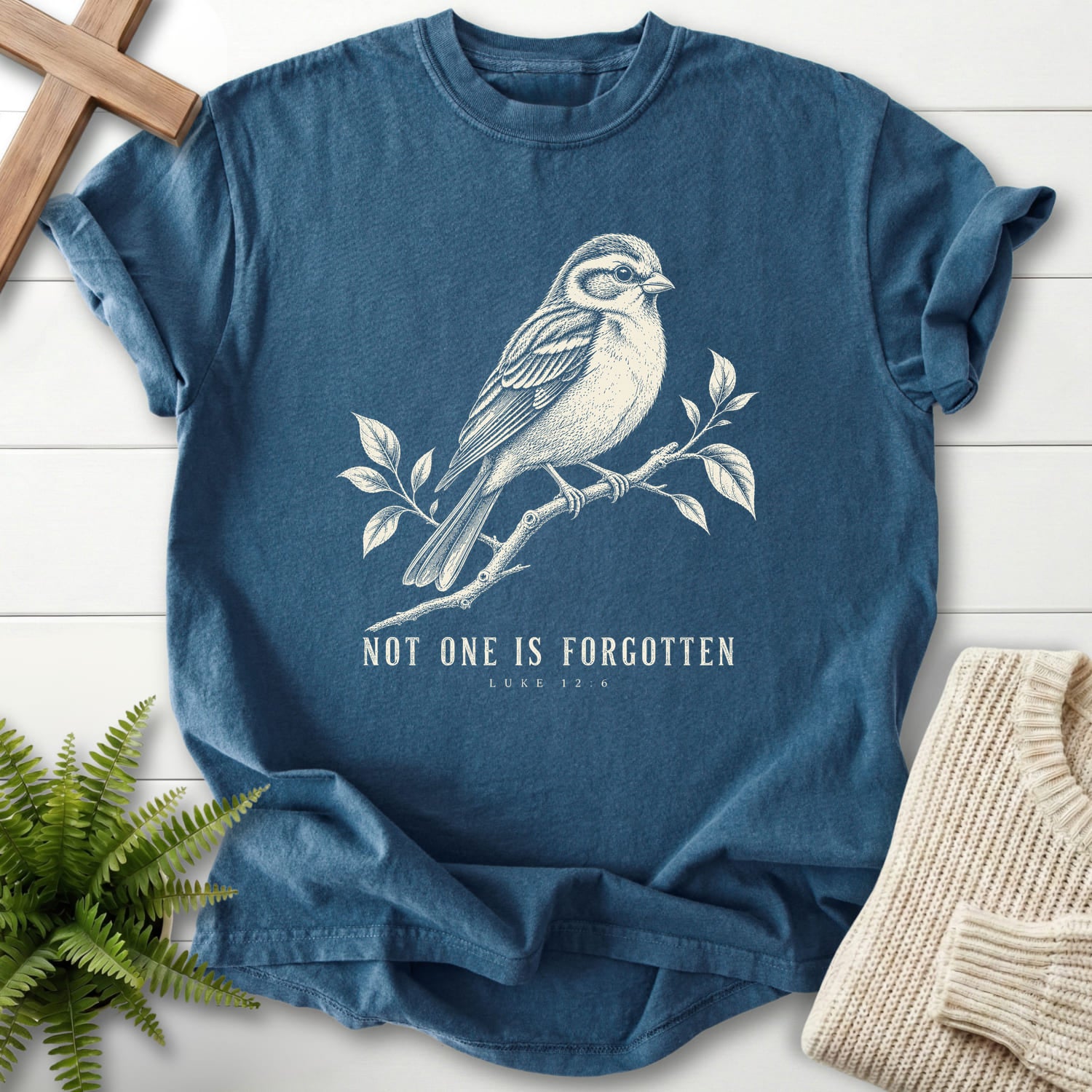 Midnight color option for the Not One Is Forgotten Luke 12:6 tee with "Not One Is Forgotten Luke 12:6 T-Shirt" design for women's faith apparel.