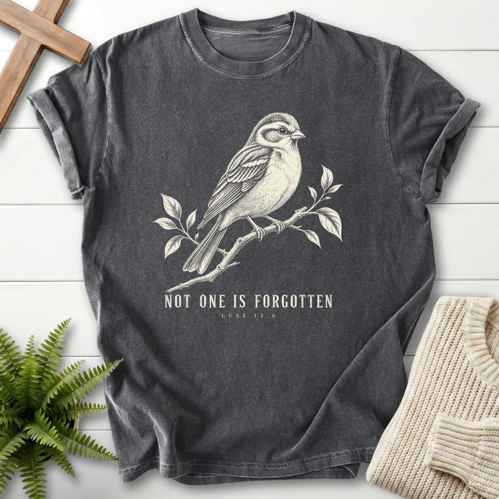Pepper color option for the Not One Is Forgotten Luke 12:6 Christian graphic tee with "Not One Is Forgotten Luke 12:6 T-Shirt" design.