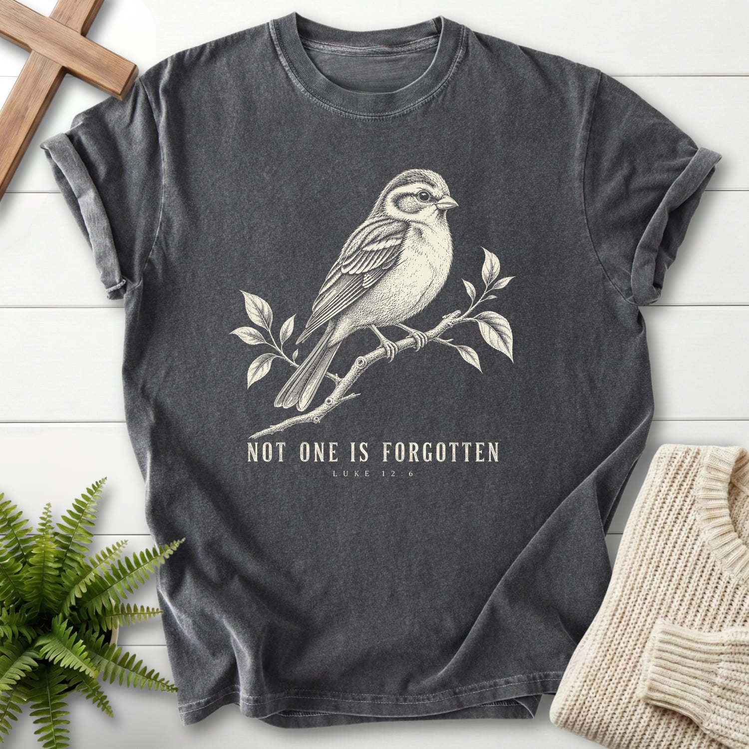Pepper color option for the Not One Is Forgotten Luke 12:6 Christian graphic tee with "Not One Is Forgotten Luke 12:6 T-Shirt" design.