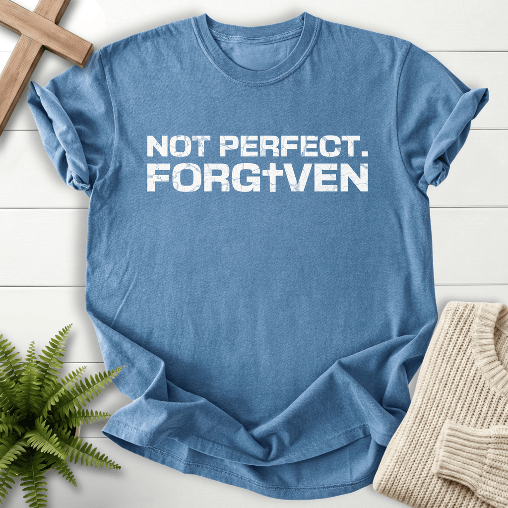 Blue Jean women's Christian t-shirt with 'Not Perfect. Forgiven' distressed block lettering and cross.