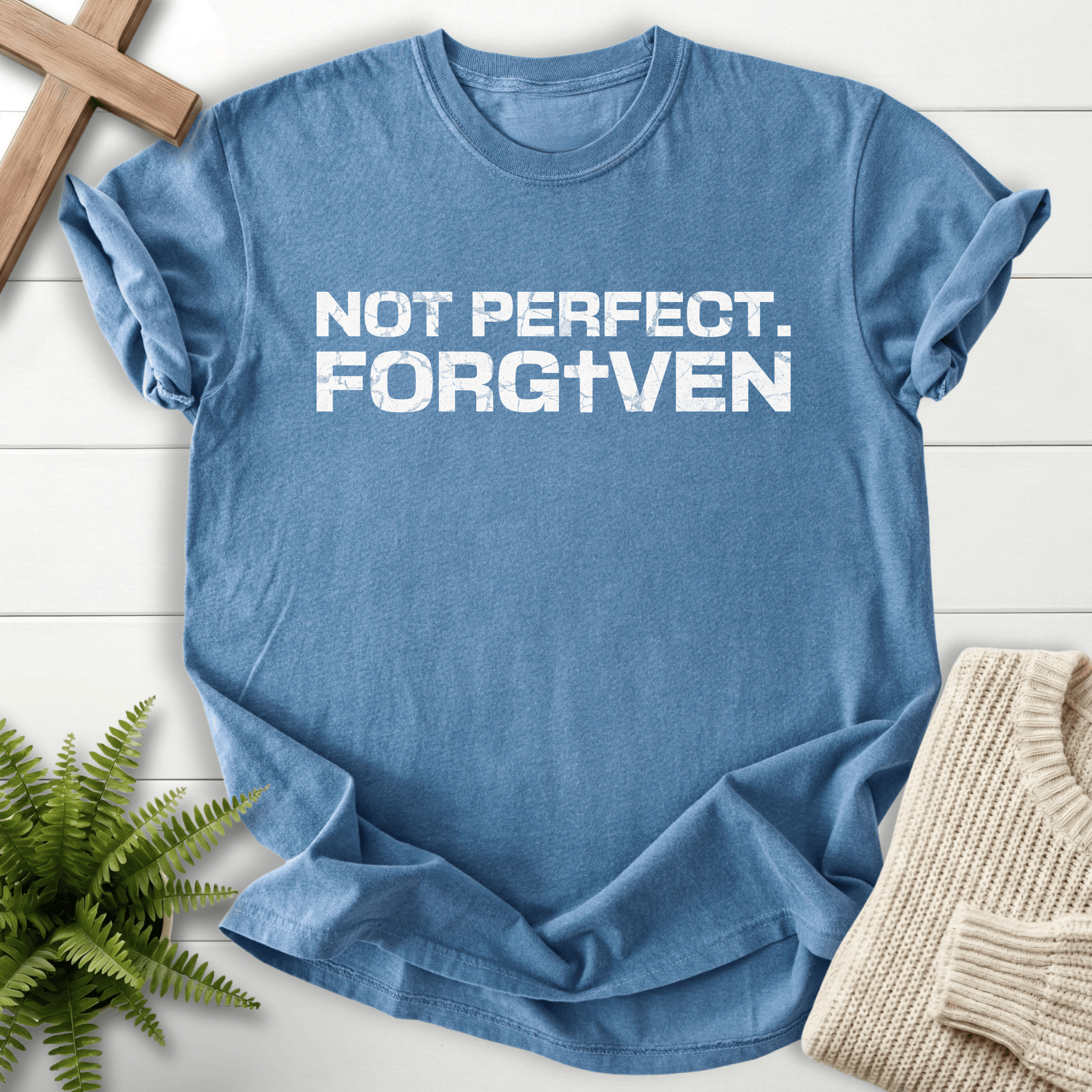 Blue Jean women's Christian t-shirt with 'Not Perfect. Forgiven' distressed block lettering and cross.