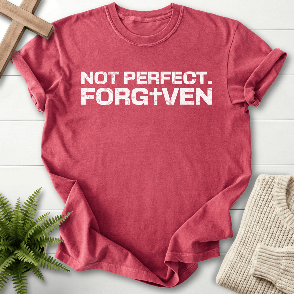 Crimson women's Christian t-shirt with grunge block 'Not Perfect. Forgiven' text and cross.