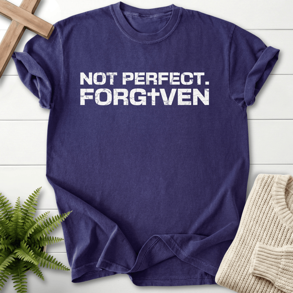Grape women's faith t-shirt with bold grunge 'Not Perfect. Forgiven' lettering and garment-dyed finish.