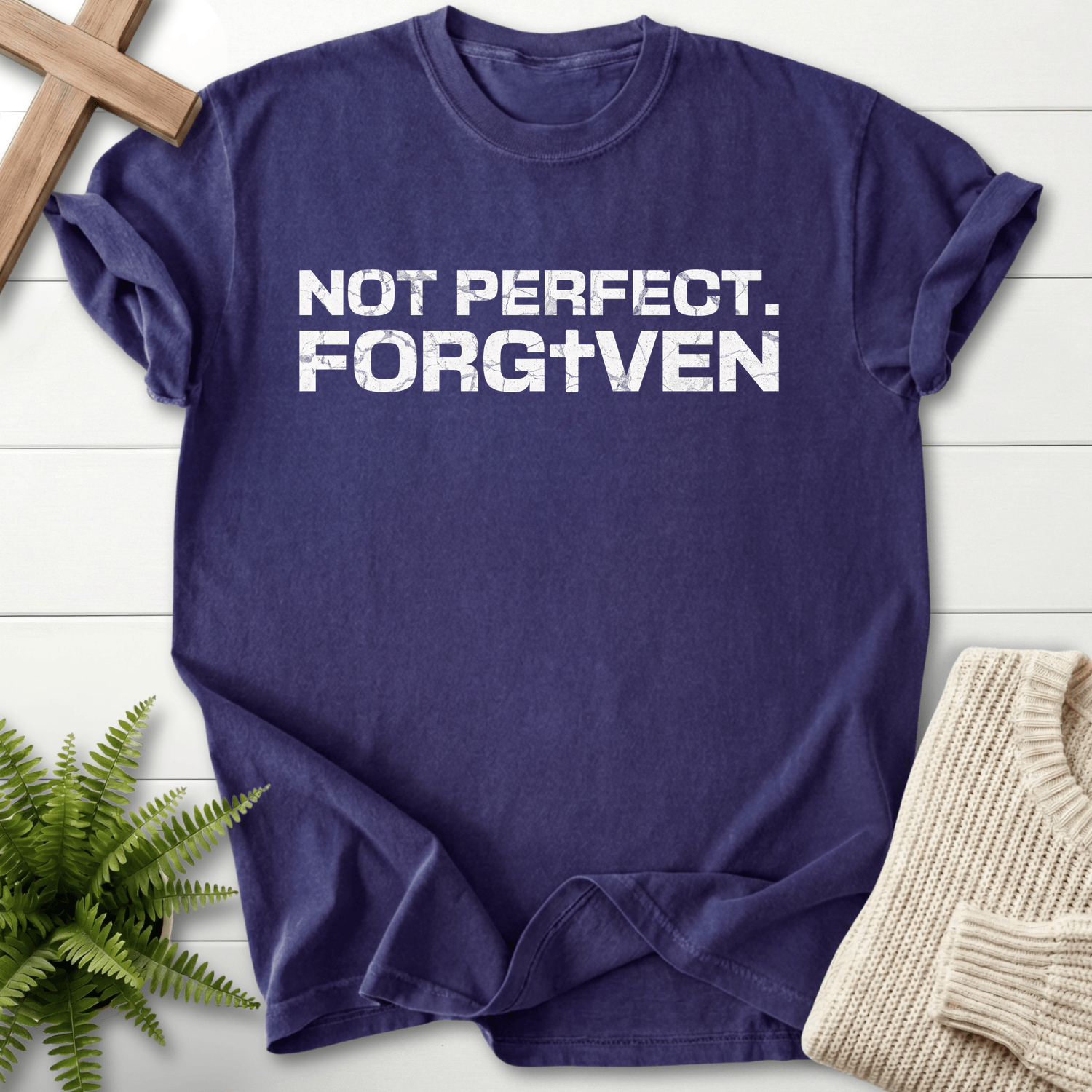 Grape women's faith t-shirt with bold grunge 'Not Perfect. Forgiven' lettering and garment-dyed finish.