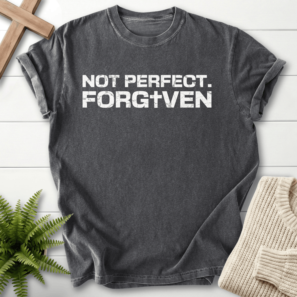 Pepper grey women's Christian t-shirt with grunge 'Not Perfect. Forgiven' block text and cross detail.