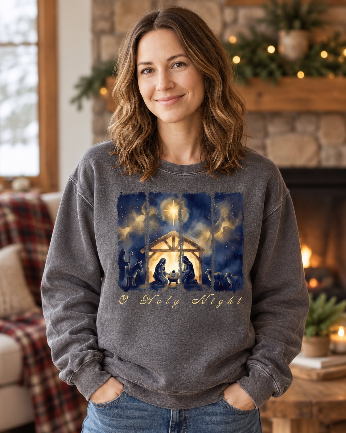 O Holy Night, Pepper women's Christian sweatshirt, lifestyle photo in cozy holiday setting, Painted nativity night scene with O Holy Night script, She Wears Faith