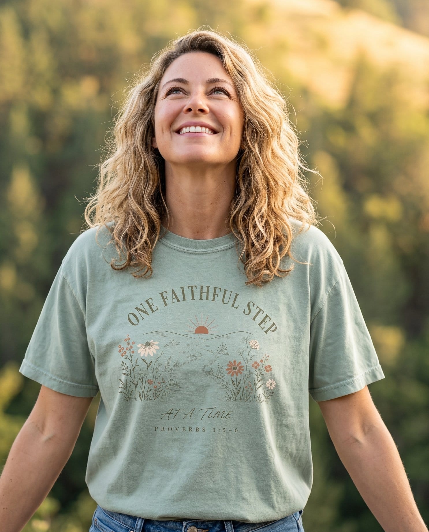 One Faithful Step at a Time Proverbs 3:5-6 – Bay women's Christian tee, lifestyle photo in nature trail – Arched serif 'One Faithful Step at a Time' over a wildflower meadow wi – Proverbs 3:5-6 – She Wears Faith