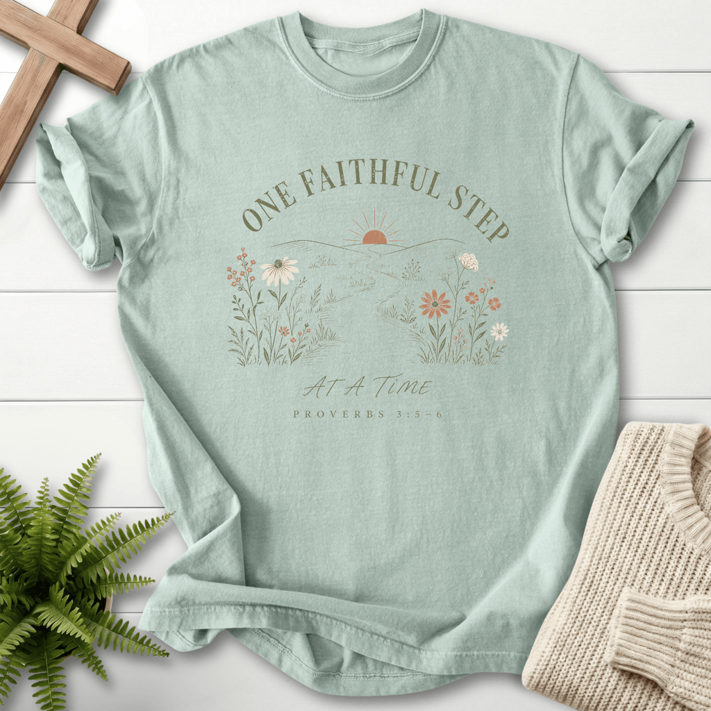 One Faithful step Proverbs 3:5-6 T-Shirt in Bay | She Wears Faith