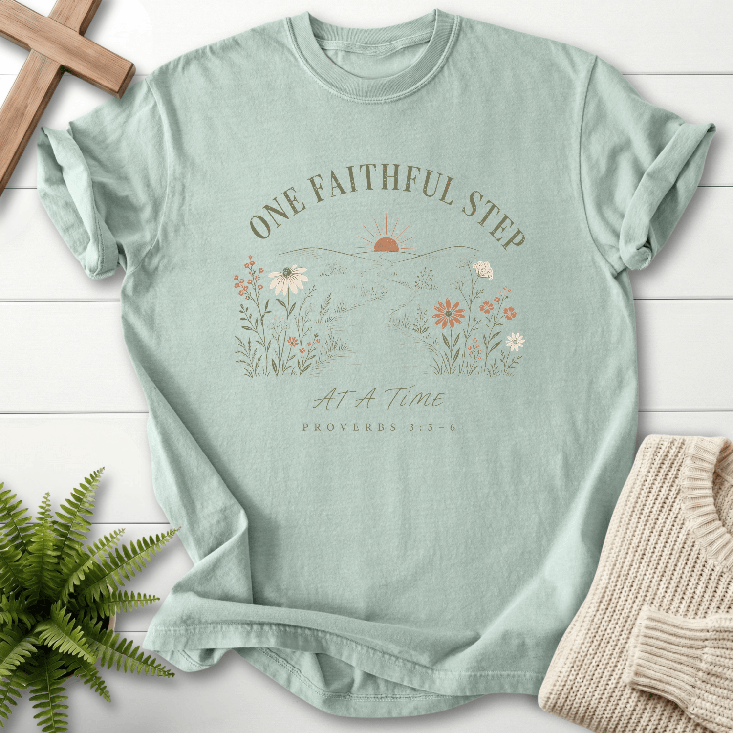 One Faithful step Proverbs 3:5-6 T-Shirt in Bay | She Wears Faith