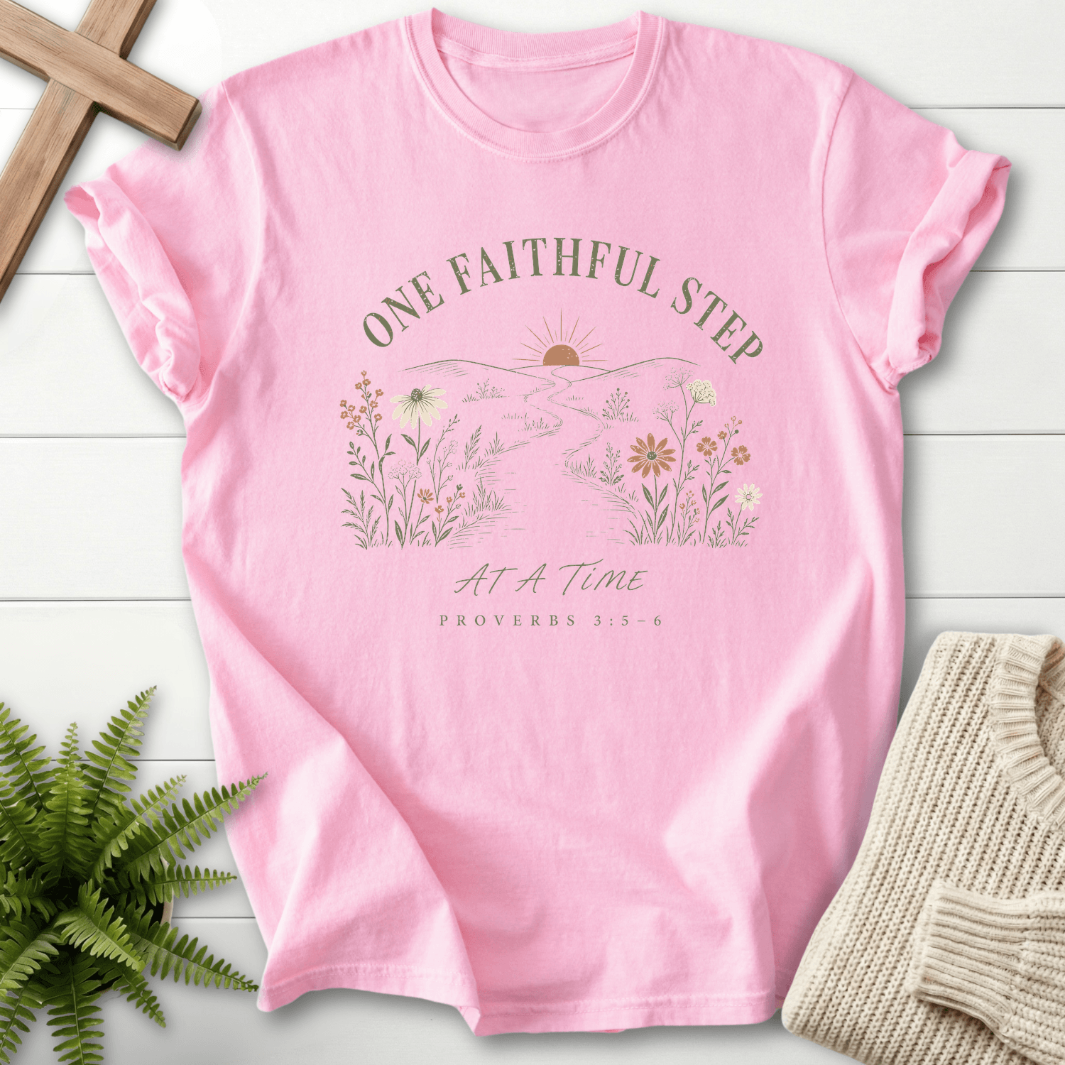 One Faithful step Proverbs 3:5-6 T-Shirt in Blossom | She Wears Faith