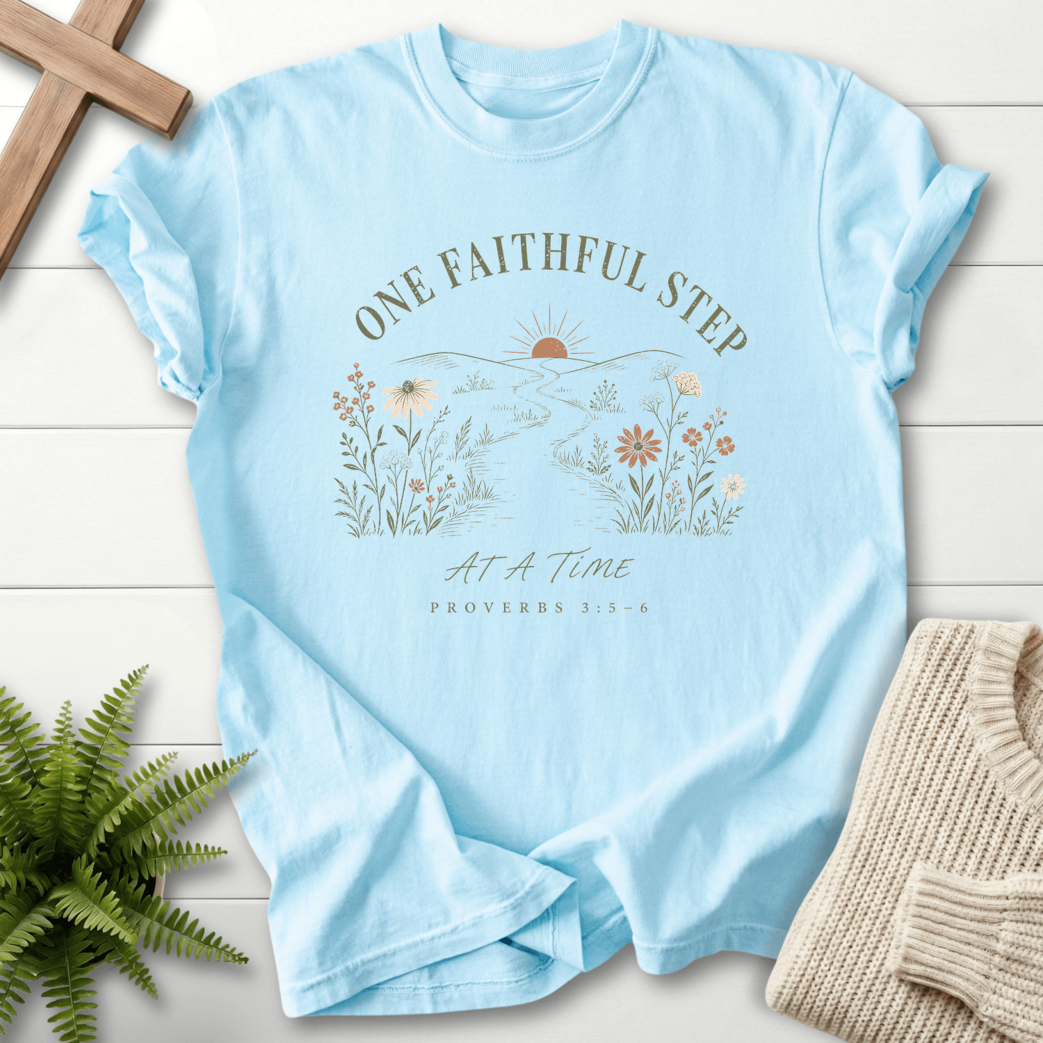 One Faithful step Proverbs 3:5-6 T-Shirt in Chambray | She Wears Faith
