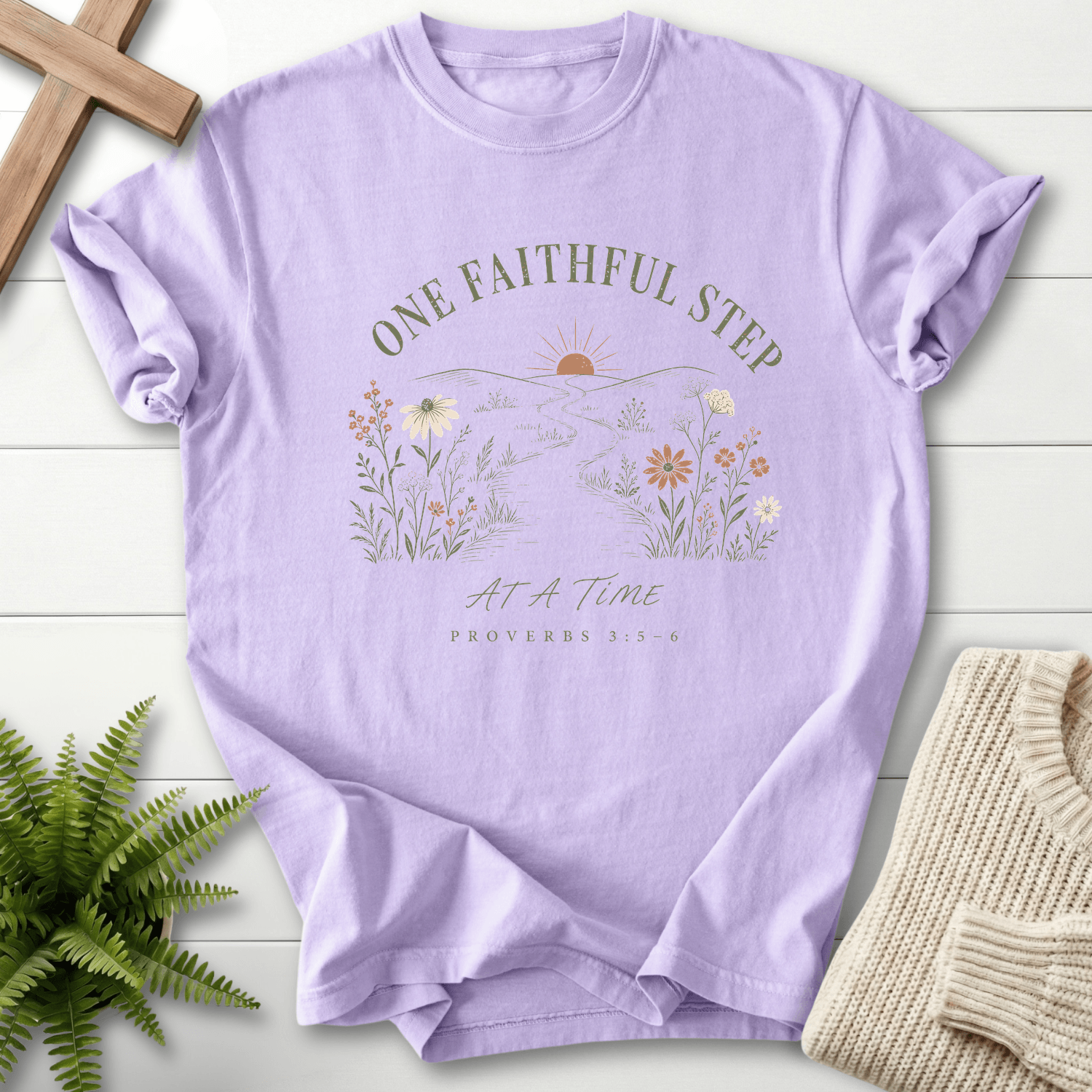 One Faithful step Proverbs 3:5-6 T-Shirt in Orchid | She Wears Faith