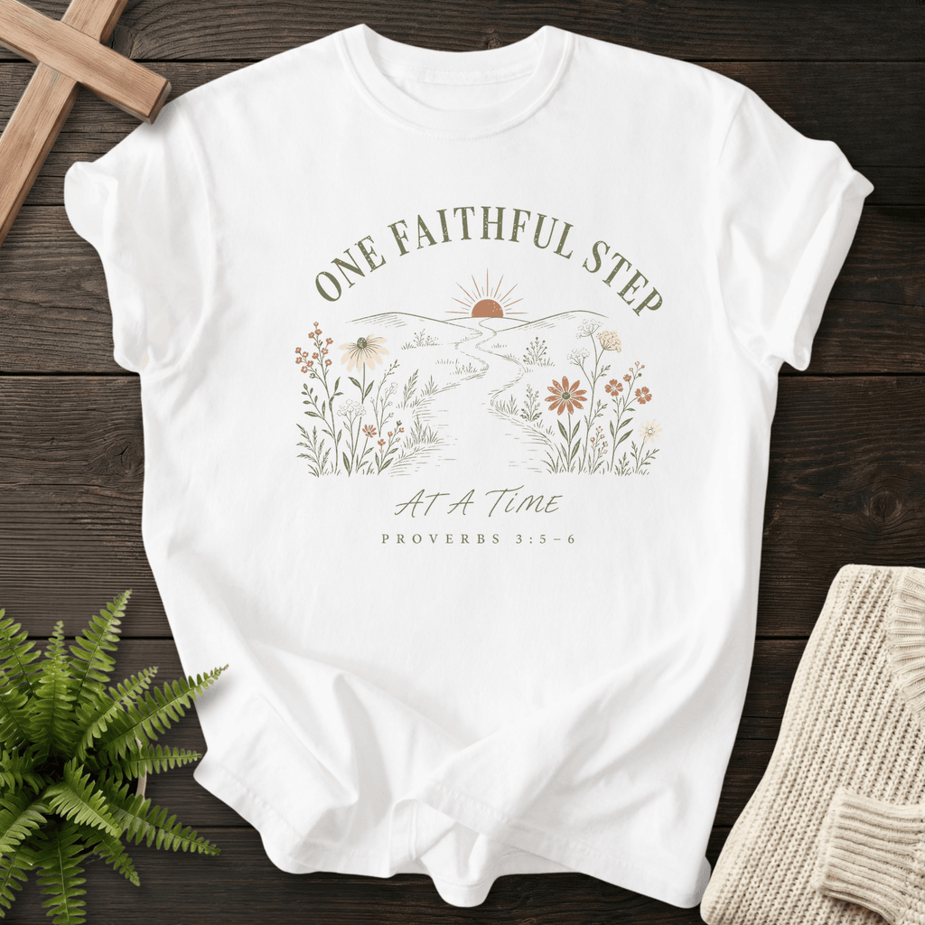 One Faithful step Proverbs 3:5-6 T-Shirt in White | She Wears Faith