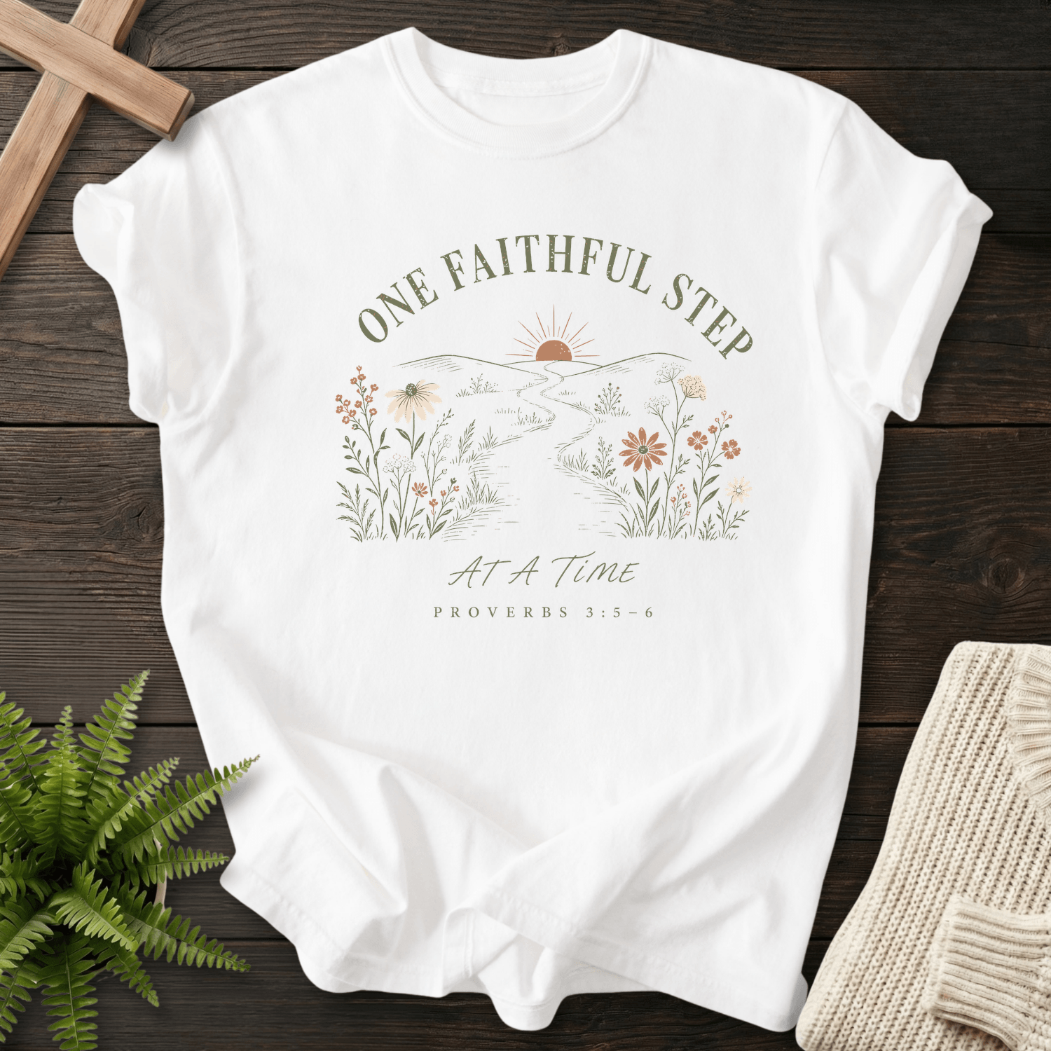 One Faithful step Proverbs 3:5-6 T-Shirt in White | She Wears Faith