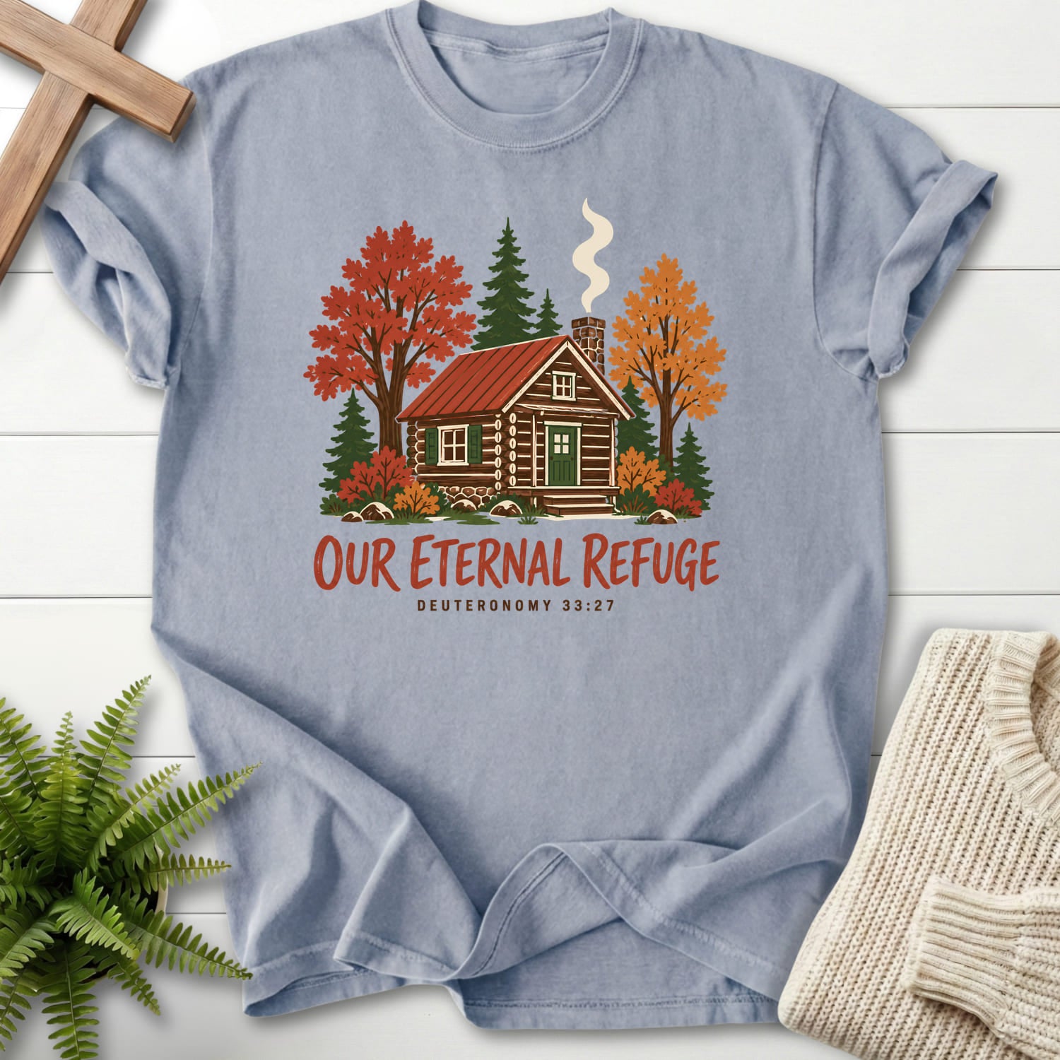 Granite color option for the Our Eternal Refuge Autumn faith-inspired shirt with "Our Eternal Refuge Autumn Faith T-Shirt" Deuteronomy 33:27.