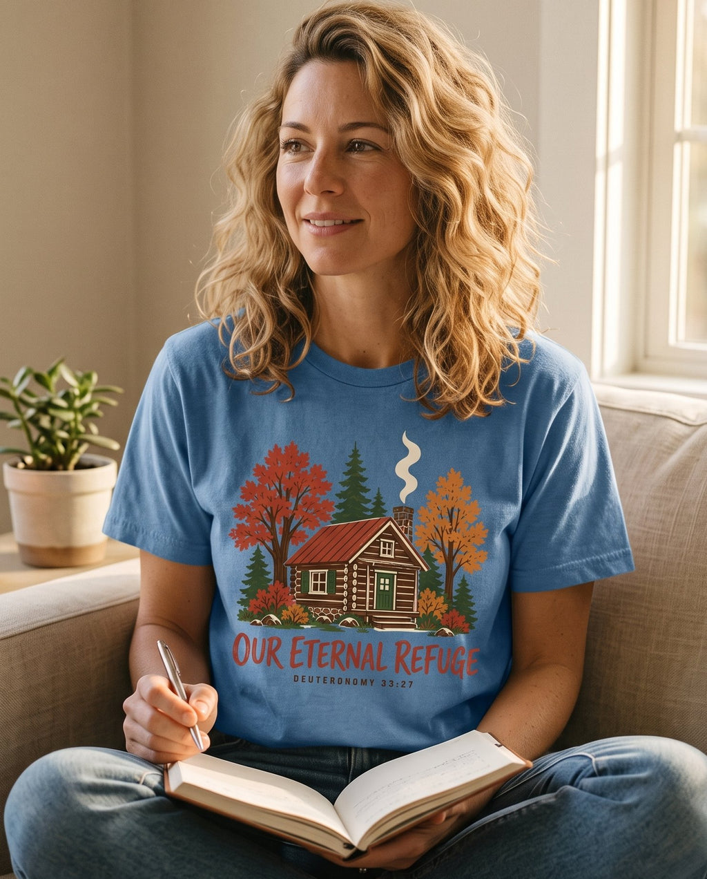 Our Eternal Refuge Autumn – Blue Jean women's Christian tee, lifestyle photo in cozy living room – Cozy log cabin nestled among autumn trees with smoke rising from the c – Deuteronomy 33:27 – She Wears Faith