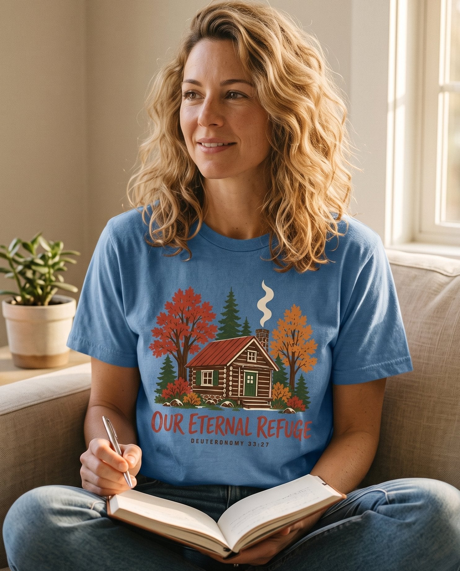 Our Eternal Refuge Autumn – Blue Jean women's Christian tee, lifestyle photo in cozy living room – Cozy log cabin nestled among autumn trees with smoke rising from the c – Deuteronomy 33:27 – She Wears Faith