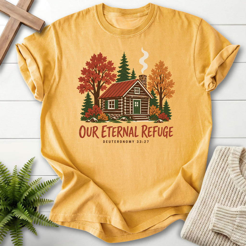 Mustard color option for the Our Eternal Refuge Autumn faith-based tee with "Our Eternal Refuge Autumn Faith T-Shirt" Deuteronomy 33:27.