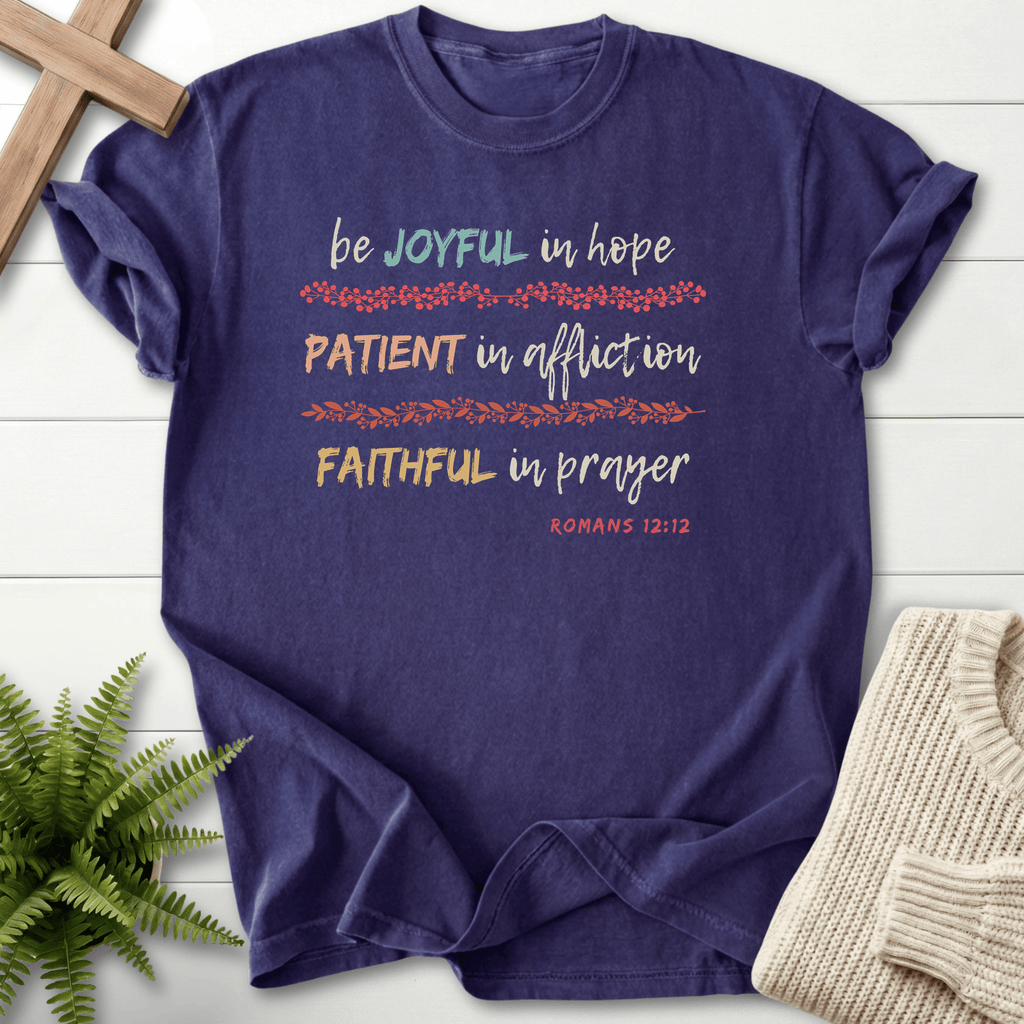 Grape Christian t-shirt for women with a colorful Romans 12:12 Joyful Patient Faithful watercolor design, inspired by Romans 12:12.