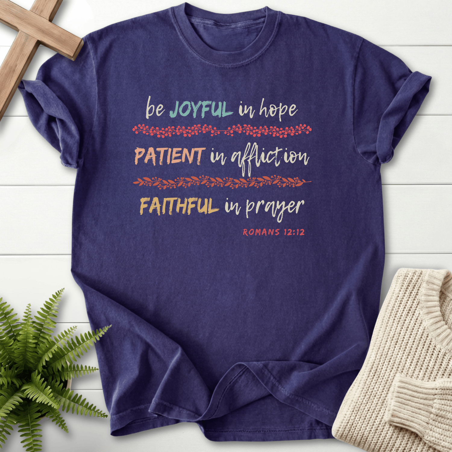 Grape Christian t-shirt for women with a colorful Romans 12:12 Joyful Patient Faithful watercolor design, inspired by Romans 12:12.