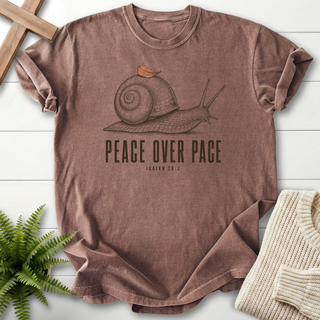 Espresso color option for the Peace Over Pace Isaiah 26:3 Christian graphic tee with "Peace Over Pace Isaiah 26:3 T-Shirt" Isaiah 26:3.