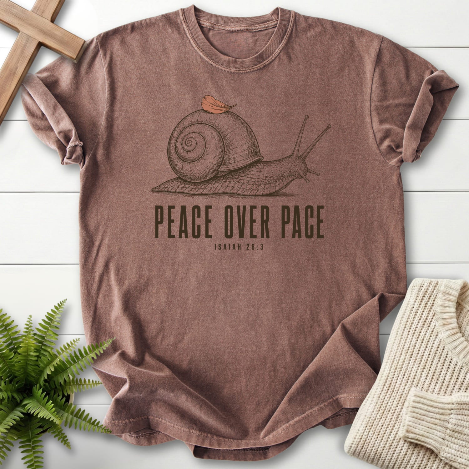Espresso color option for the Peace Over Pace Isaiah 26:3 Christian graphic tee with "Peace Over Pace Isaiah 26:3 T-Shirt" Isaiah 26:3.