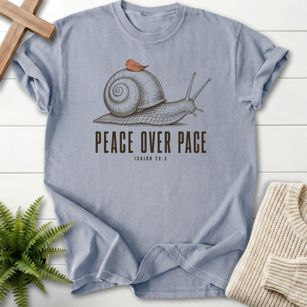 Flat lay of a Granite women's Christian tee featuring "Peace Over Pace Isaiah 26:3 T-Shirt" Isaiah 26:3.
