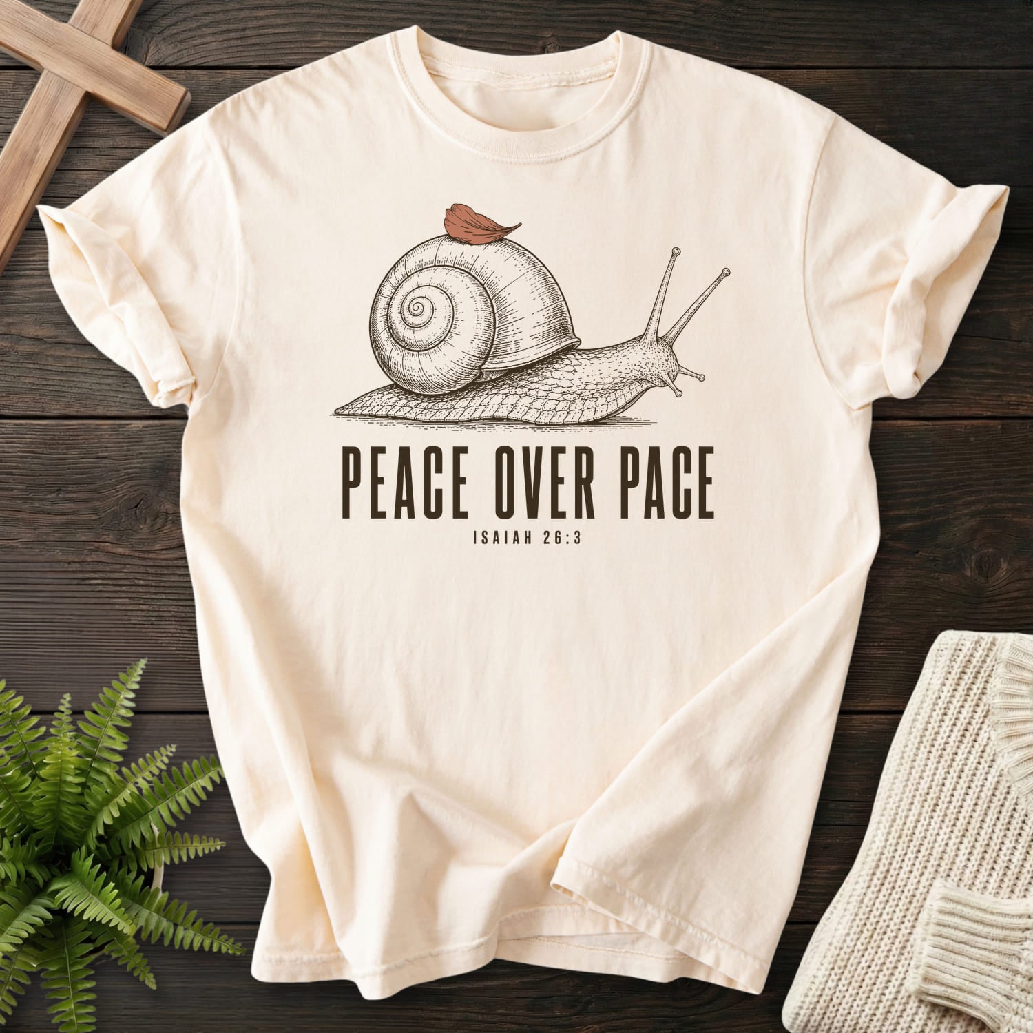 Flatlay of an Ivory faith-inspired shirt with "Peace Over Pace Isaiah 26:3 T-Shirt" Isaiah 26:3.