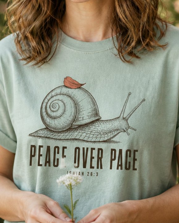 Peace Over Pace Isaiah 26 3 - Bay women's Christian tee, lifestyle photo in outdoor garden - Engraved snail carrying a pink flower petal - Isaiah 26:3 - She Wears Faith