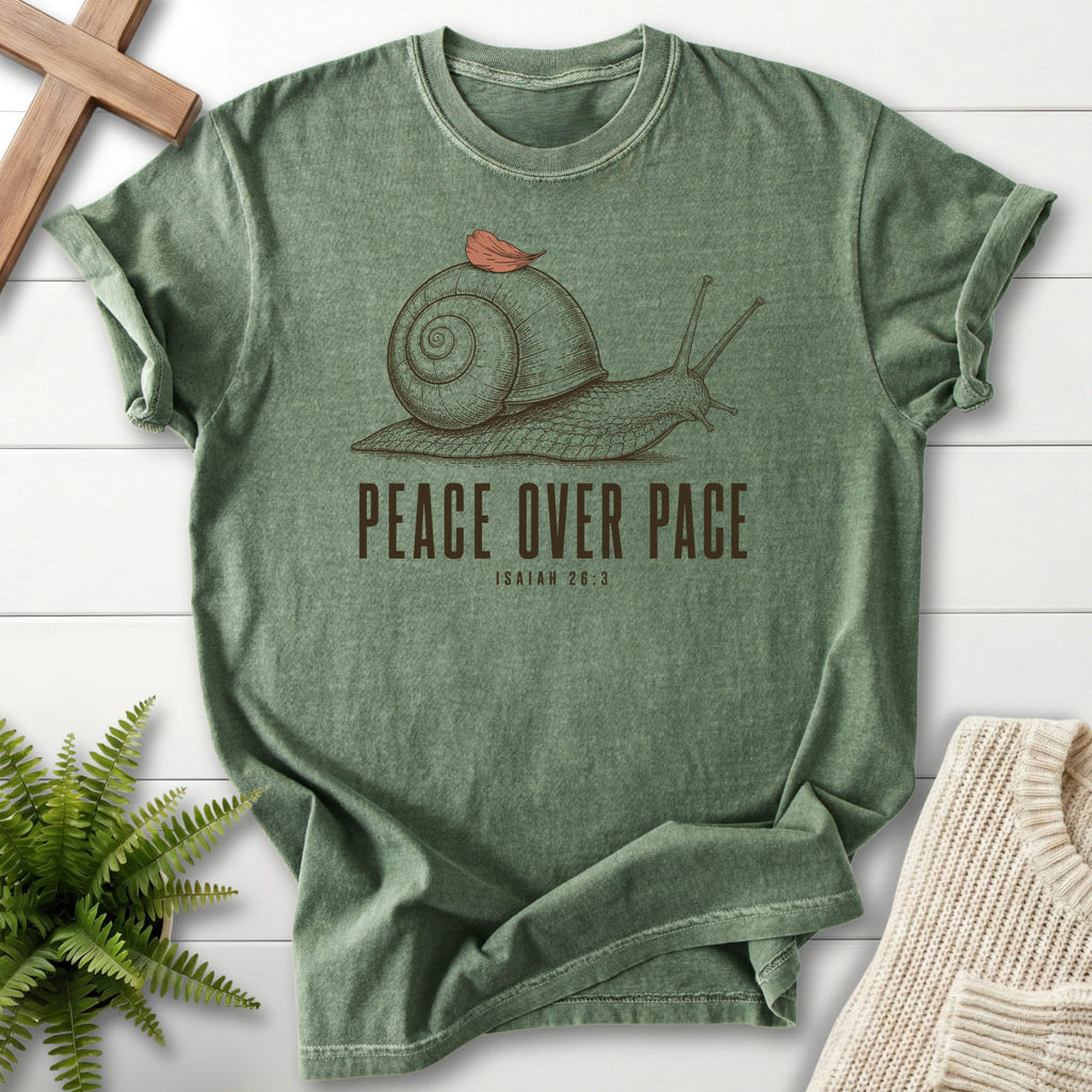 Moss color option for the Peace Over Pace Isaiah 26:3 Christian shirt with "Peace Over Pace Isaiah 26:3 T-Shirt" Isaiah 26:3.
