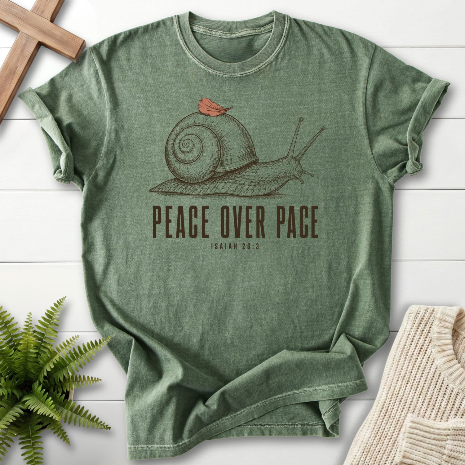 Moss color option for the Peace Over Pace Isaiah 26:3 Christian shirt with "Peace Over Pace Isaiah 26:3 T-Shirt" Isaiah 26:3.