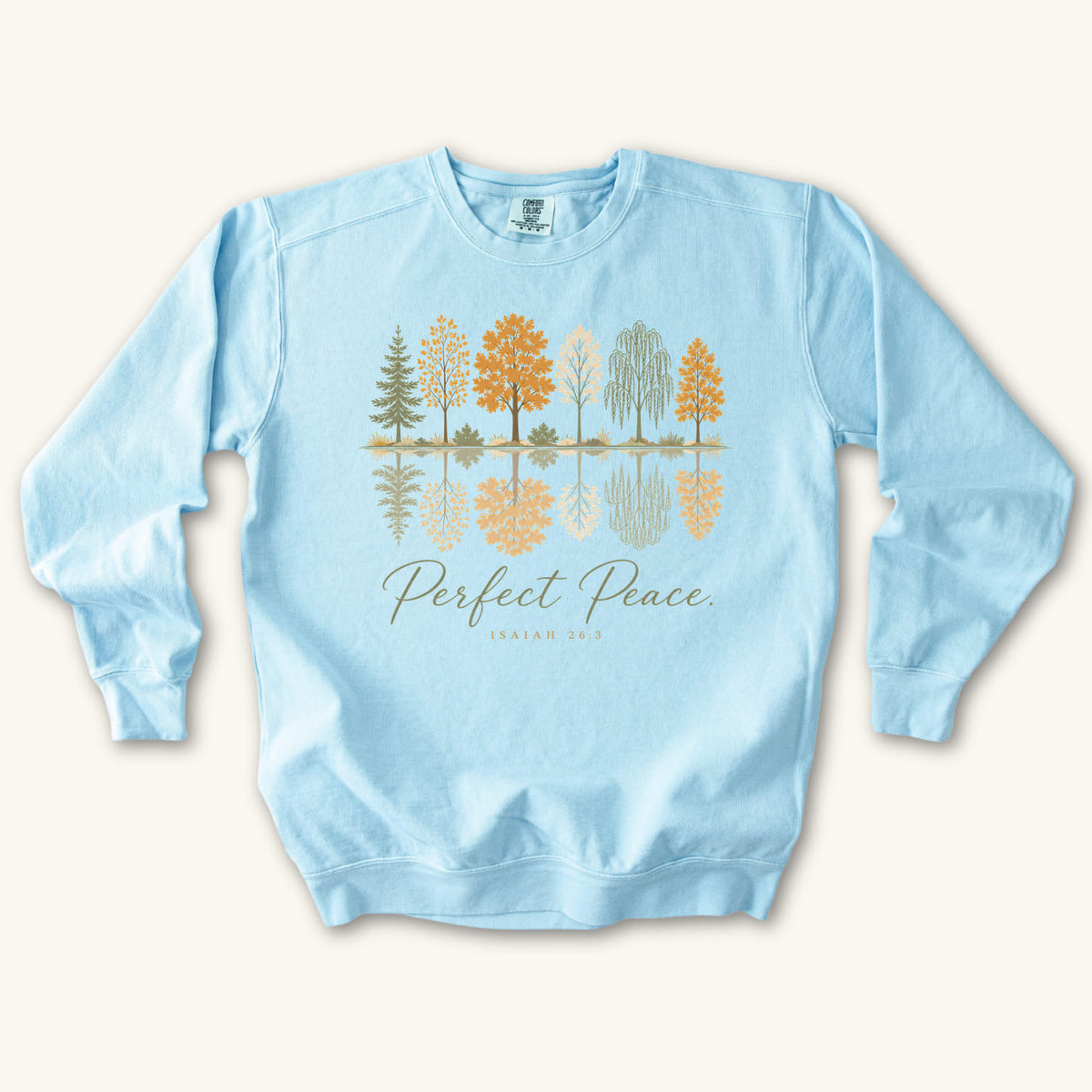 Chambray Perfect Peace sweatshirt flat lay mockup, Isaiah 26:3 Christian apparel for women