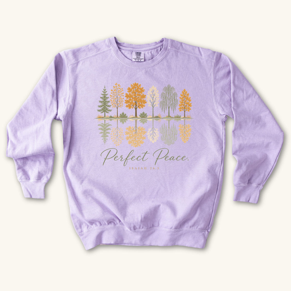 Orchid Perfect Peace sweatshirt flat lay mockup, Isaiah 26:3 Christian apparel for women