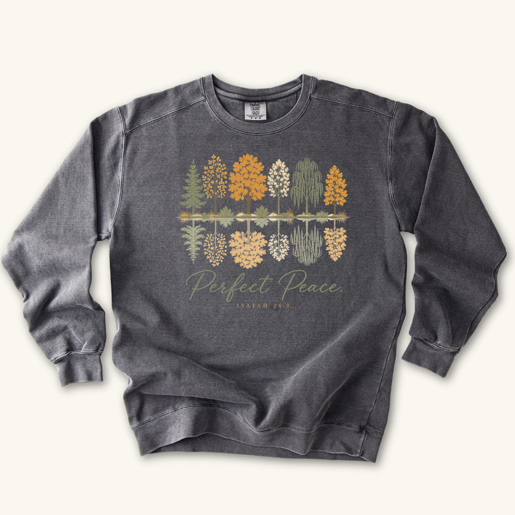 Pepper Perfect Peace sweatshirt flat lay mockup, Isaiah 26:3 Christian apparel for women